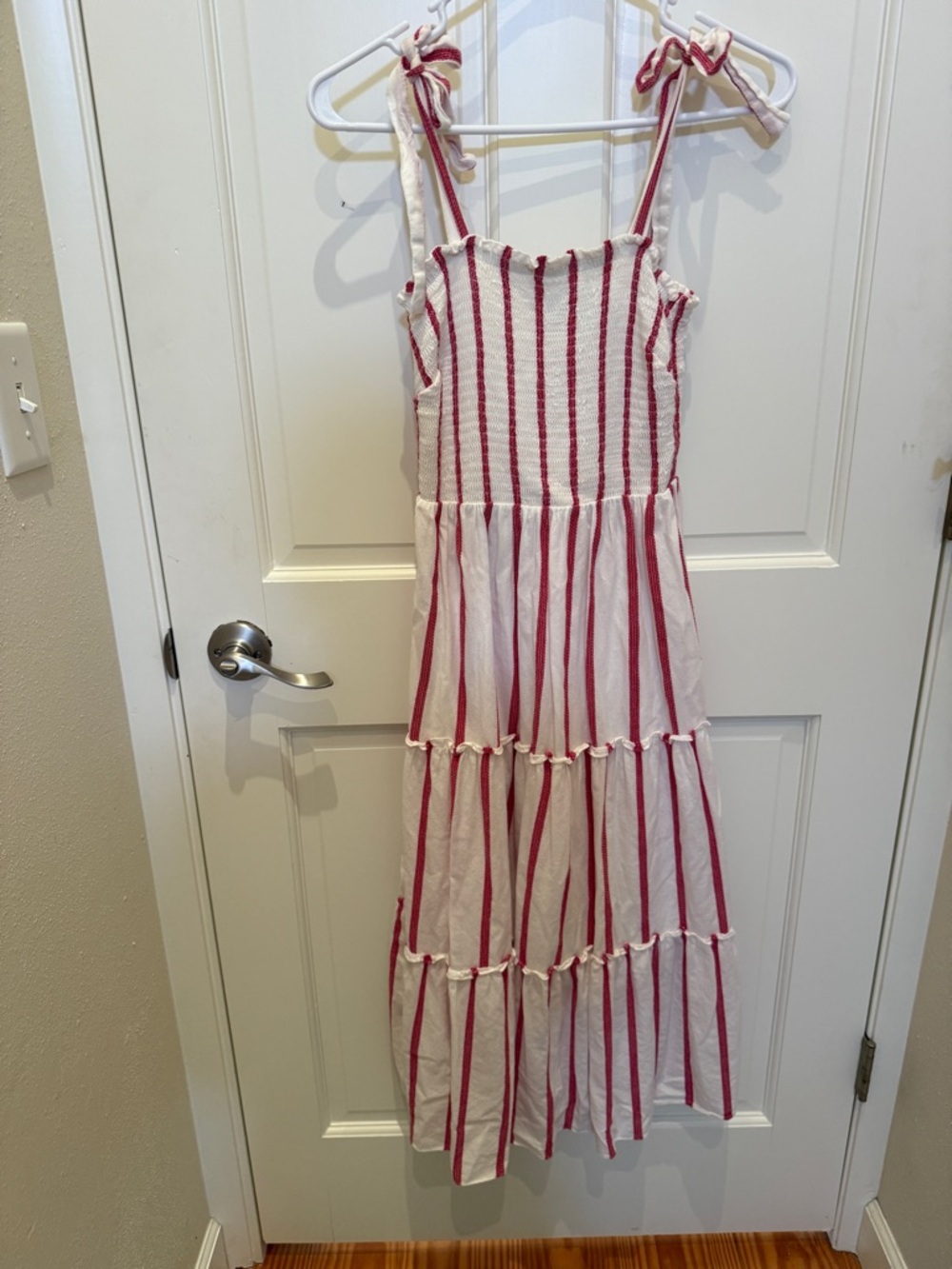Draper James White and Red Striped Midi Dress with Tie Straps